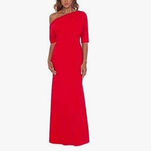 Betsy & Adam Long Scuba Crepe Over-The-Shoulder Gown